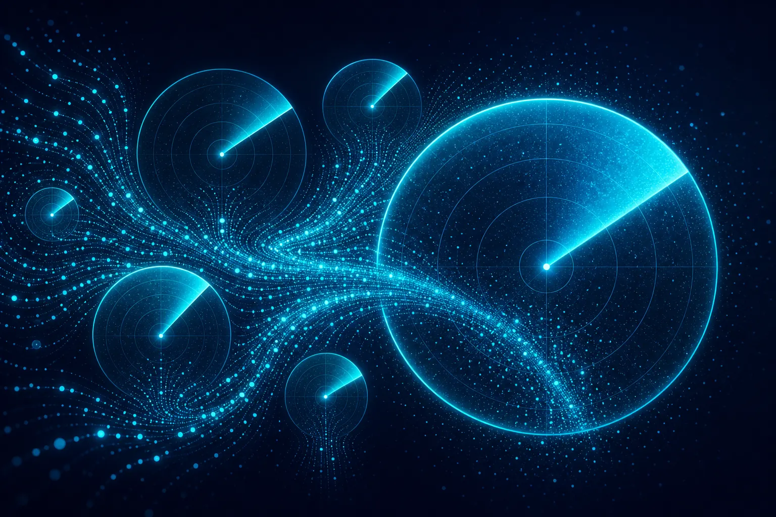 Overlapping cyan radar sweeps of different sizes on deep navy, particles flowing into each