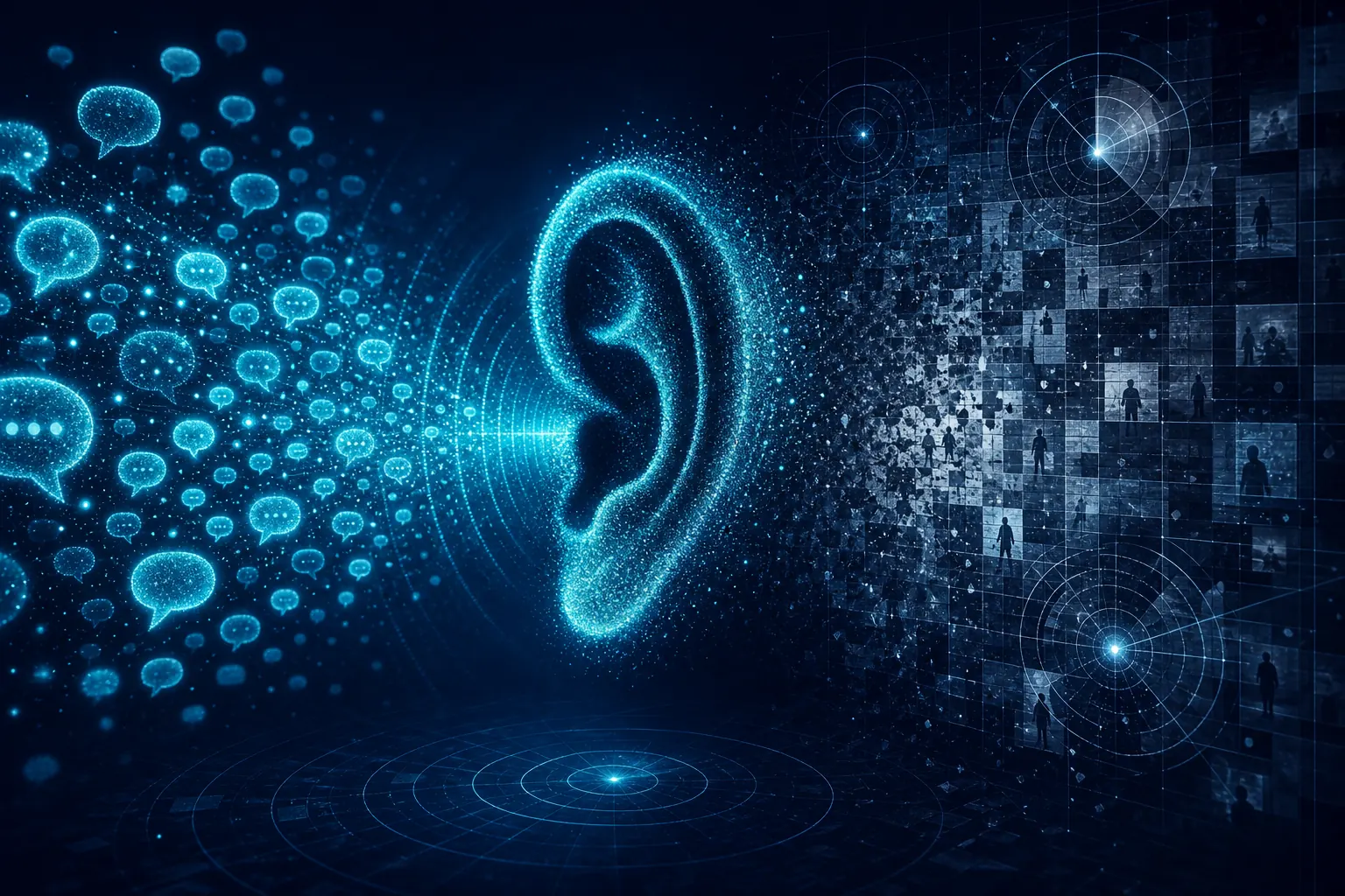 Luminous ear of soundwave particles listening to glowing speech bubbles as a surveillance grid fades behind