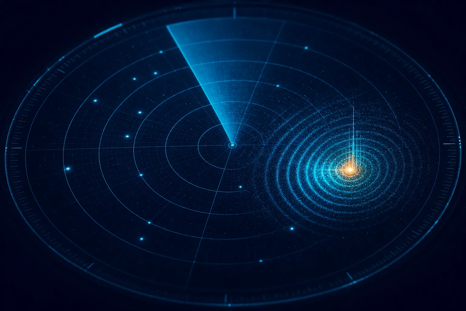 Calm cyan radar screen where one particle cluster spikes outward like an early tremor