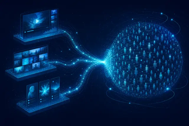 Floating platform panels connected by cyan particle threads converging into one audience constellation