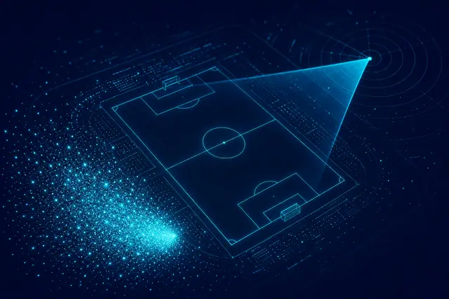 Glowing night football pitch with a bright particle swarm in one corner a wide radar sweep nearly misses