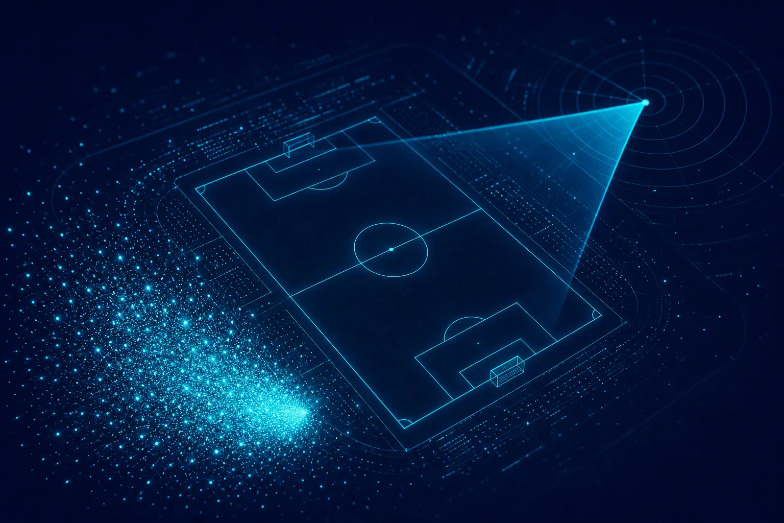 Glowing night football pitch with a bright particle swarm in one corner a wide radar sweep nearly misses