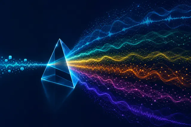 A prism splitting a beam of cyan conversation particles into layered waves of tone, emotion and tension