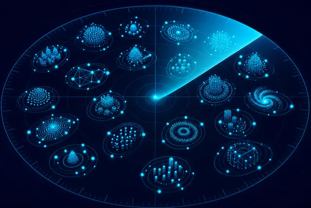 Many distinct cyan particle clusters orbiting as micro-communities seen through a radar lens