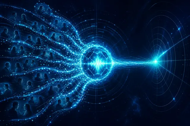 Glowing AI core synthesising many conversation particle streams into one answer beam with a flickering brand signal