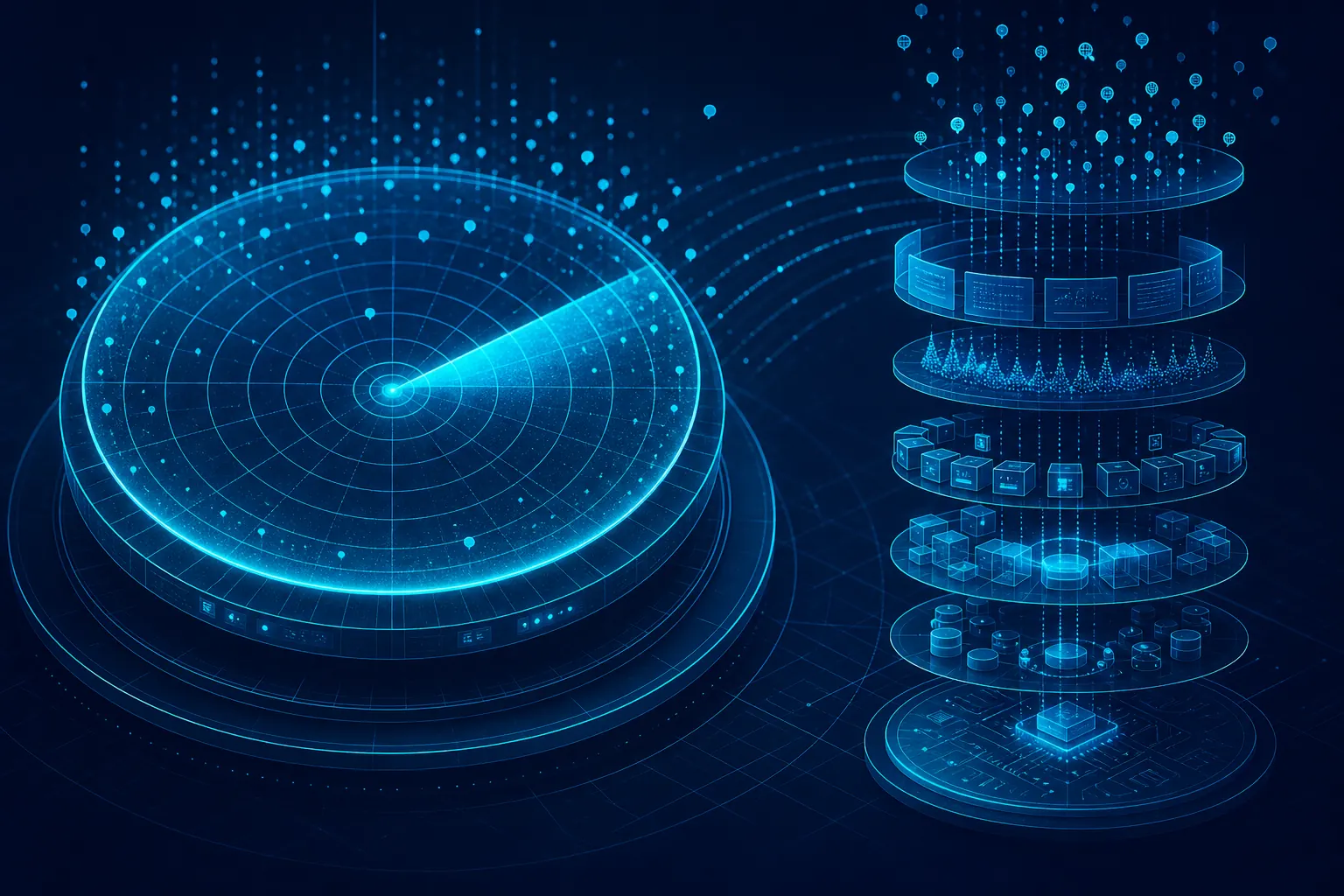 Concentric cyan radar rings with a steady sweep and modular layers stacking like a blueprint